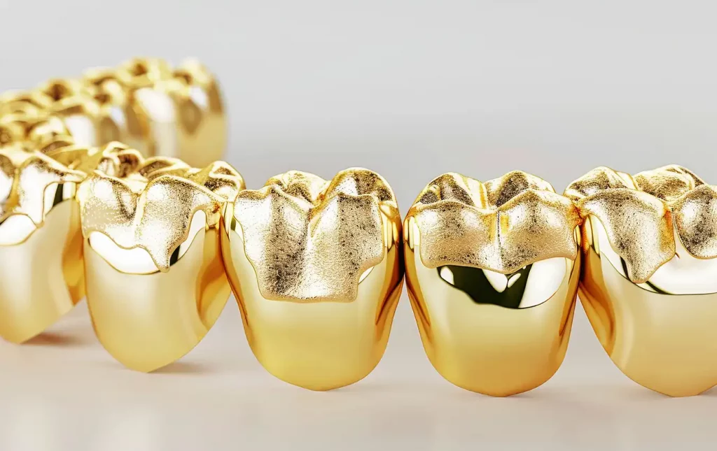 Close-up of a row of shiny gold dental grills on teeth, highlighting metallic shine and texture