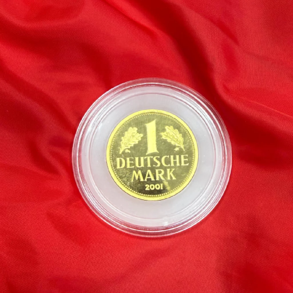 Gold-colored 1 Deutsche Mark coin in a clear plastic case on red fabric, showing the inscription 1 DEUTSCHE MARK 2001.