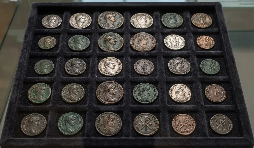 Velvet-lined display tray with 24 ancient coins arranged in a 6x4 grid.