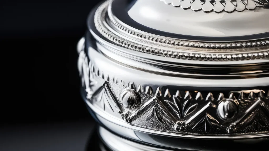 Close-up of a highly polished silver container with intricate leaf-and-dot engravings and stepped rims.