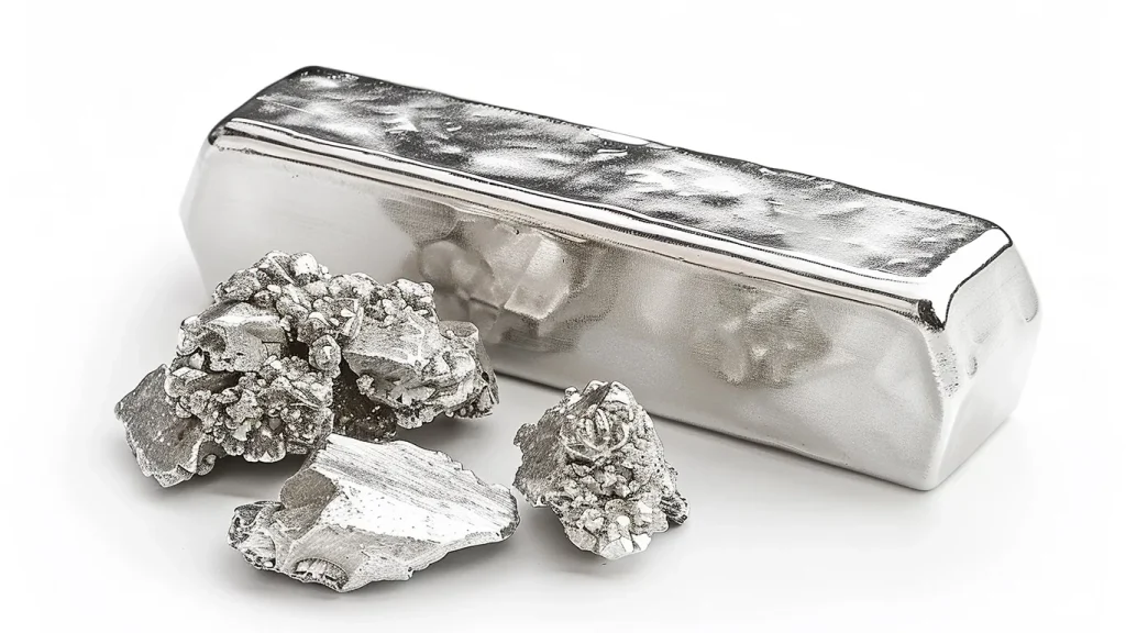 Refined silver bar with rough silver nuggets arranged beside it on a white background
