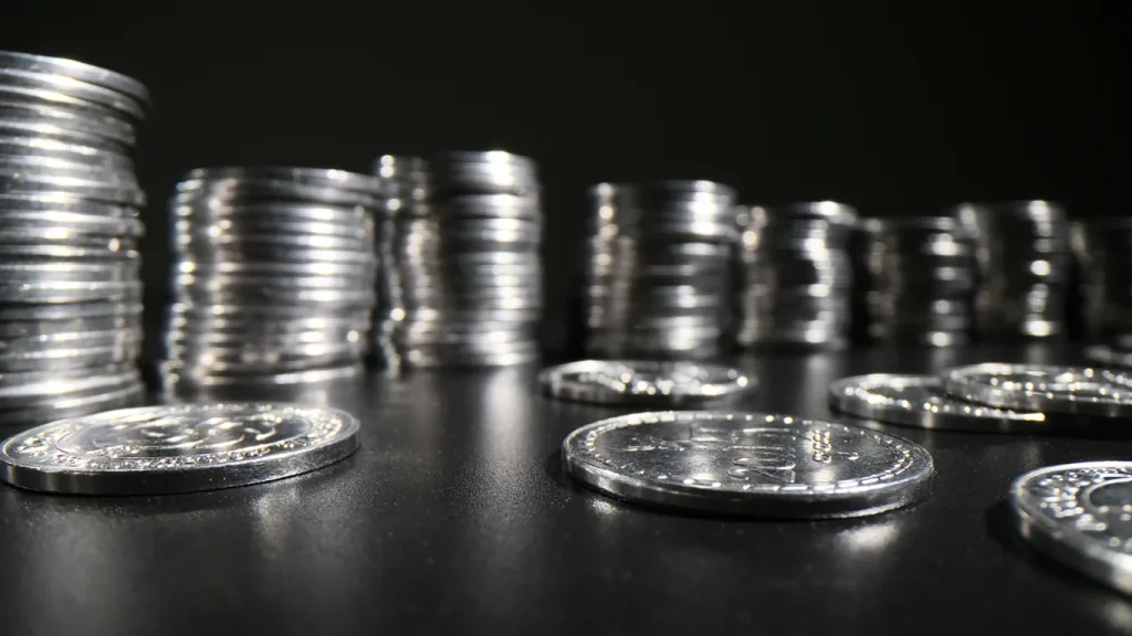 Stacks of silver coins arranged in a row on a dark surface