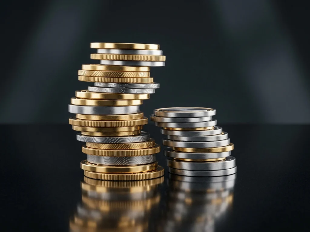 Stack of gold and silver coins stacked on a dark, reflective surface.