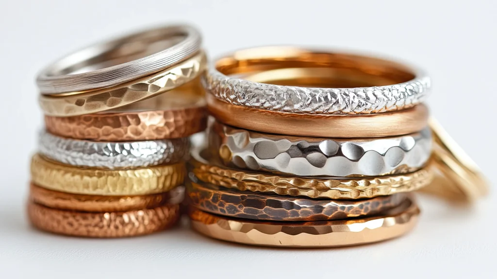 Stack of mixed metal rings (gold, silver, copper) with hammered textures stacked together on a light surface.