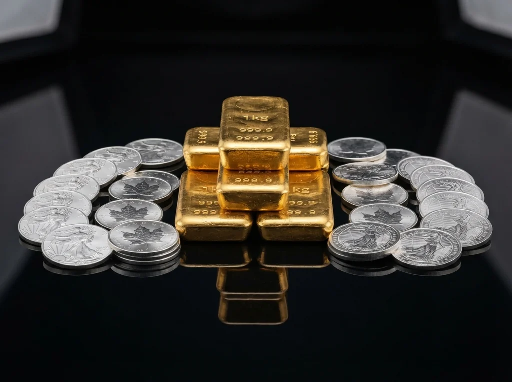 Edelmetalle verkaufen Hattingen · Gold verkaufen Hattingen · Silber verkaufen Hattingen · Schmuckankauf Hattingen · Münzenankauf Hattingen - Goldstation Bochum – Goldankauf, Silberankauf, Schmuck & Münzen Ankauf Pile of gold bars labeled 1 kg and 999.9, surrounded by silver coins on a dark surface.
