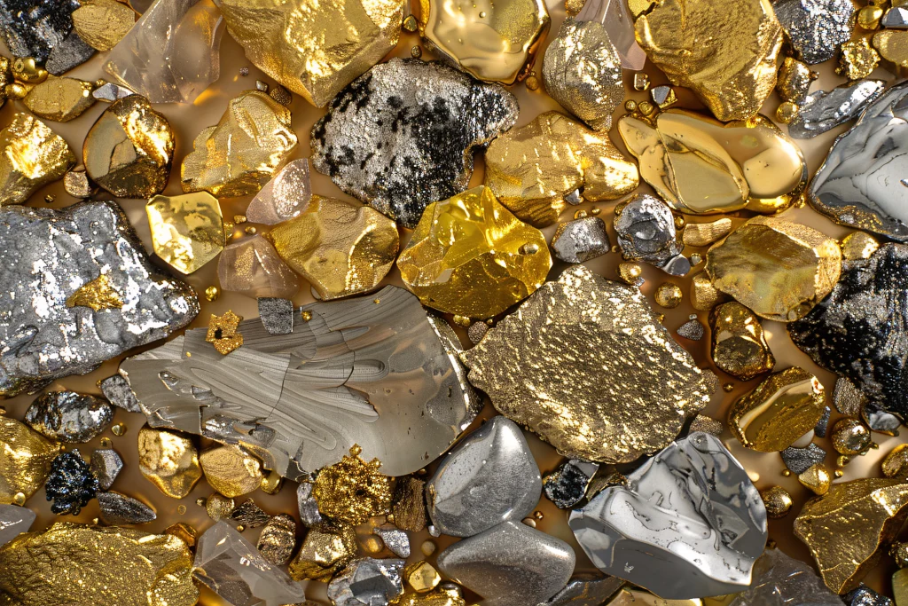 Edelmetalle verkaufen Hattingen · Gold verkaufen Hattingen · Silber verkaufen Hattingen · Schmuckankauf Hattingen · Münzenankauf Hattingen - Goldstation Bochum – Goldankauf, Silberankauf, Schmuck & Münzen Ankauf Close-up of assorted gold, silver, and metallic rocks resting in muddy brown liquid.