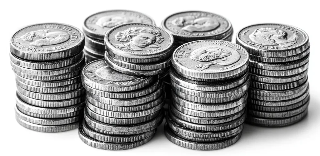 Stacks of silver coins arranged in neat piles on a white background, symbolizing money and savings, close-up view