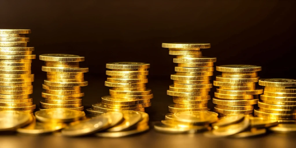 Stacks of shiny gold coins stacked at varying heights against a dark background