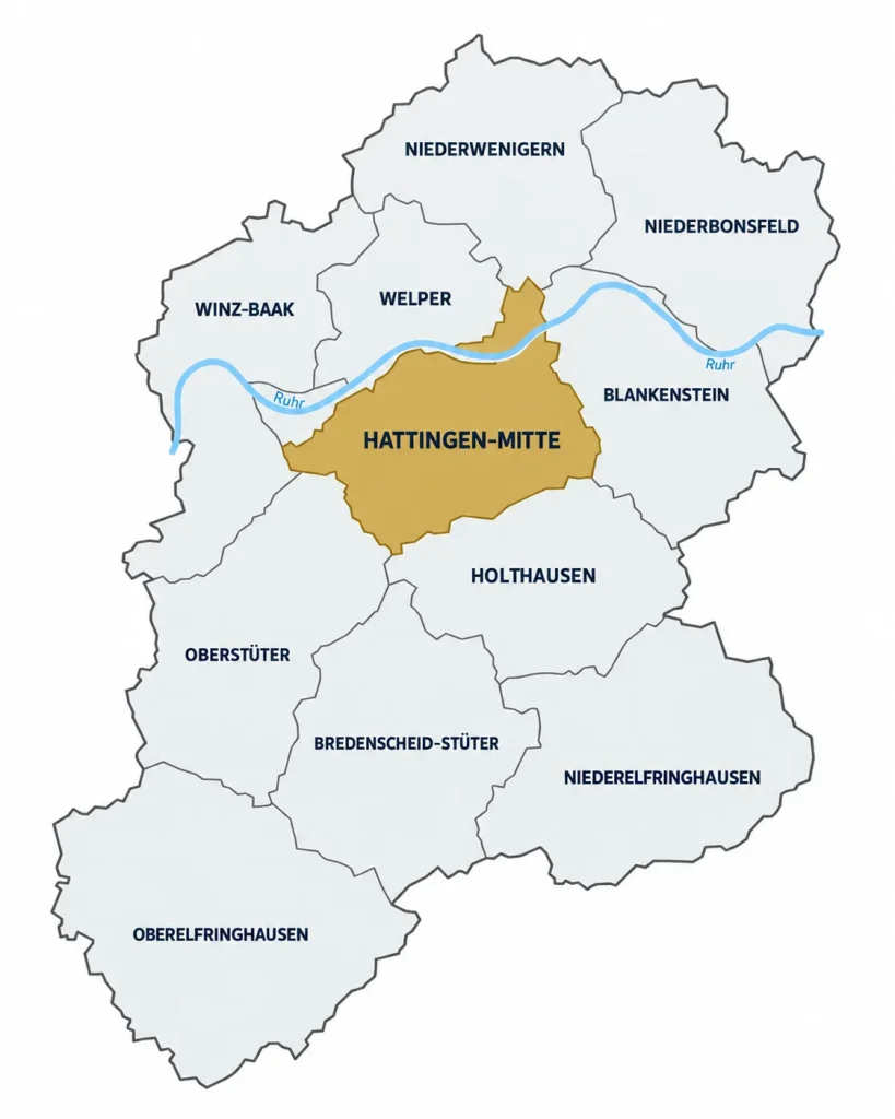 Map of a region with Hattingen-Mitte highlighted in gold; surrounding districts labeled, Ruhr river flowing through the area.
