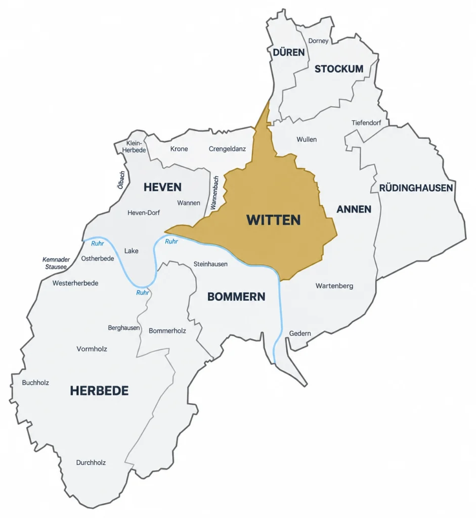 Map with the Witten district highlighted in gold, surrounded by neighboring areas and the Ruhr River in blue.